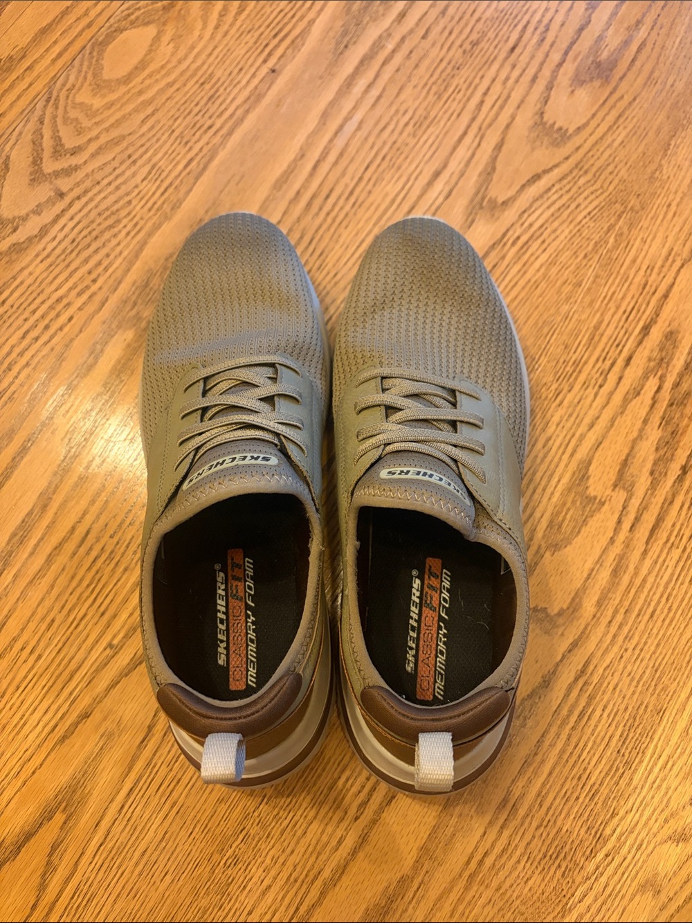 Skechers Men's Olive Gray Knit Slip-On Sneakers with Brown Heel